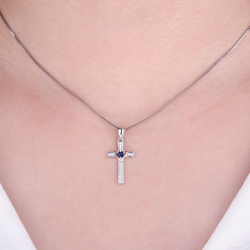 Angelic 925 Sterling Silver Cross Heart Blue Sapphire Pendant- Factory Direct Prices - The Jewellery Supermarket
